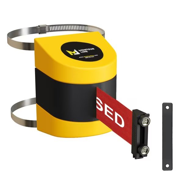 Retractable Belt Barrier YW Clamped Wall Mount, 15' Close..Belt (M), Montour Line, Mfr#: WMX140-YW-THISLRW-C-M-150
